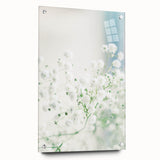 Large abstract wall art on acrylic glass depicting vibrant spring colors, ideal for bedroom or dining room decor.