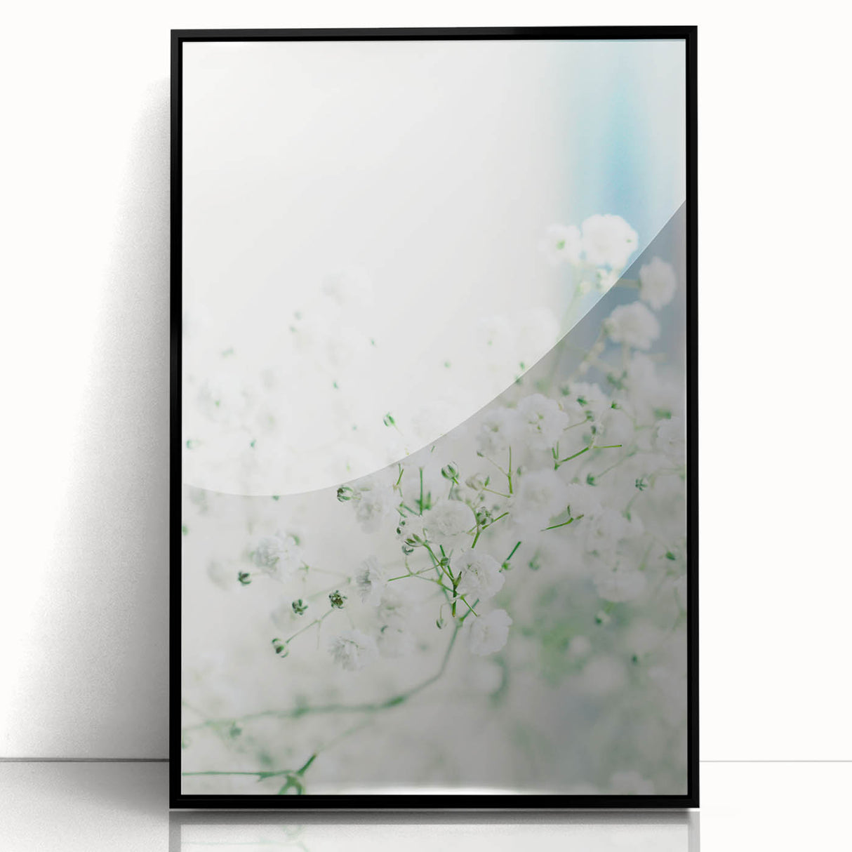 Large abstract wall art depicting springtime themes in pastel colors, framed in black acrylic.