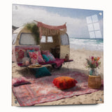 Side view of a caravan depicted in large abstract style on acrylic glass, in neutral and earth tones.