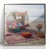 Mid-century modernist art featuring a caravan in silver acrylic, ideal for nursery wall decor.