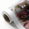 Art deco poster of a colorful caravan on rolled canvas, ideal for nursery wall decor.
