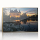 Framed acrylic artwork showcasing a picturesque landscape with a majestic castle, set in a gold frame, ideal for adding elegance to home decor.