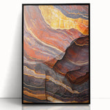 Framed acrylic artwork showcasing a breathtaking landscape of cliffs, featuring dramatic natural colors and textures, perfect for enhancing modern home decor.