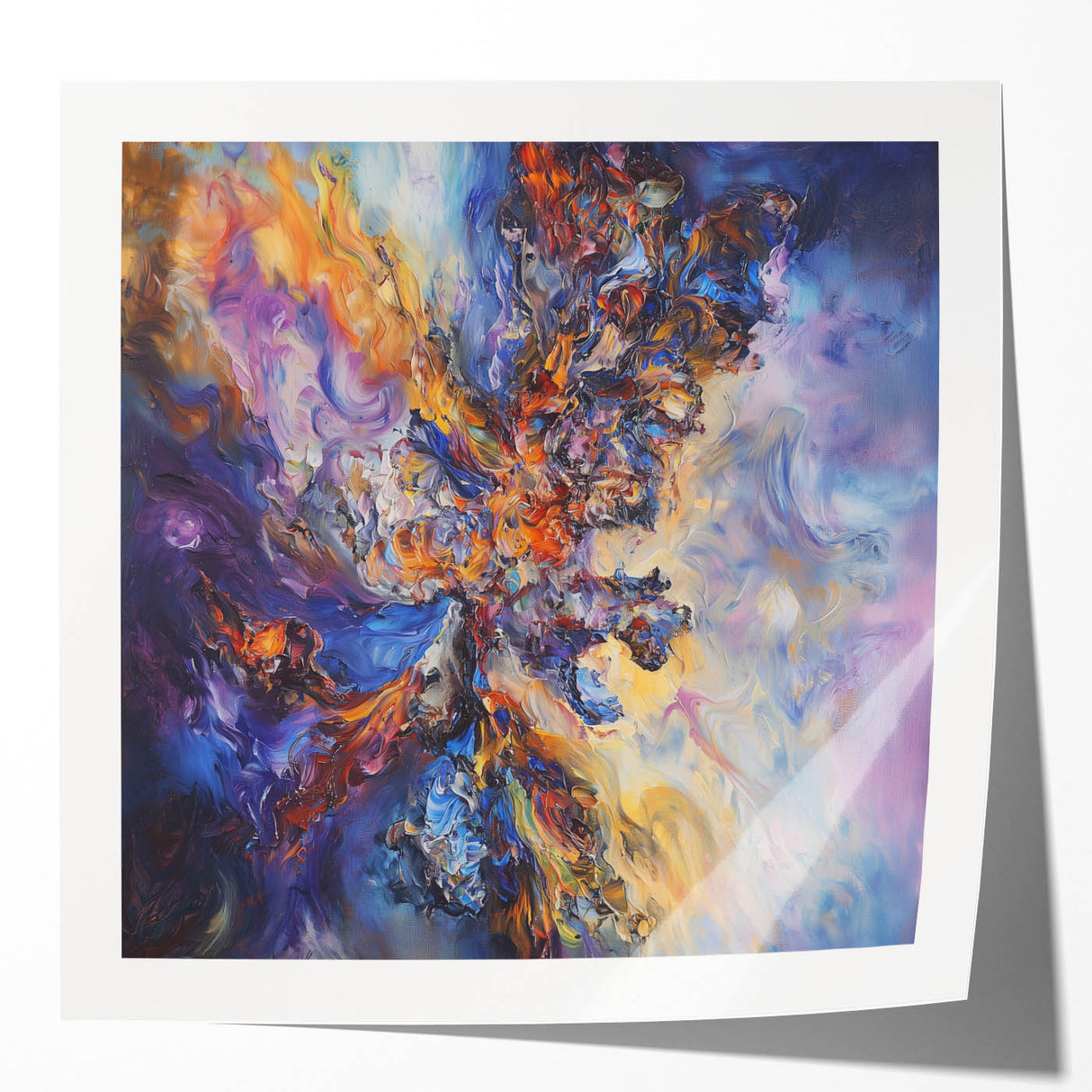 Abstract splatter art print mockup showcasing vibrant colors on a glossy surface, ideal for modern decor. Perfect for showcasing artistic designs in a stylish setting.