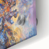 Close-up of an abstract acrylic glass artwork showcasing vibrant splatters in various colors, ideal for modern decor or art enthusiasts. The intricate details highlight the fluid movement and texture of the paint, making it a standout piece for contemporary interior spaces.