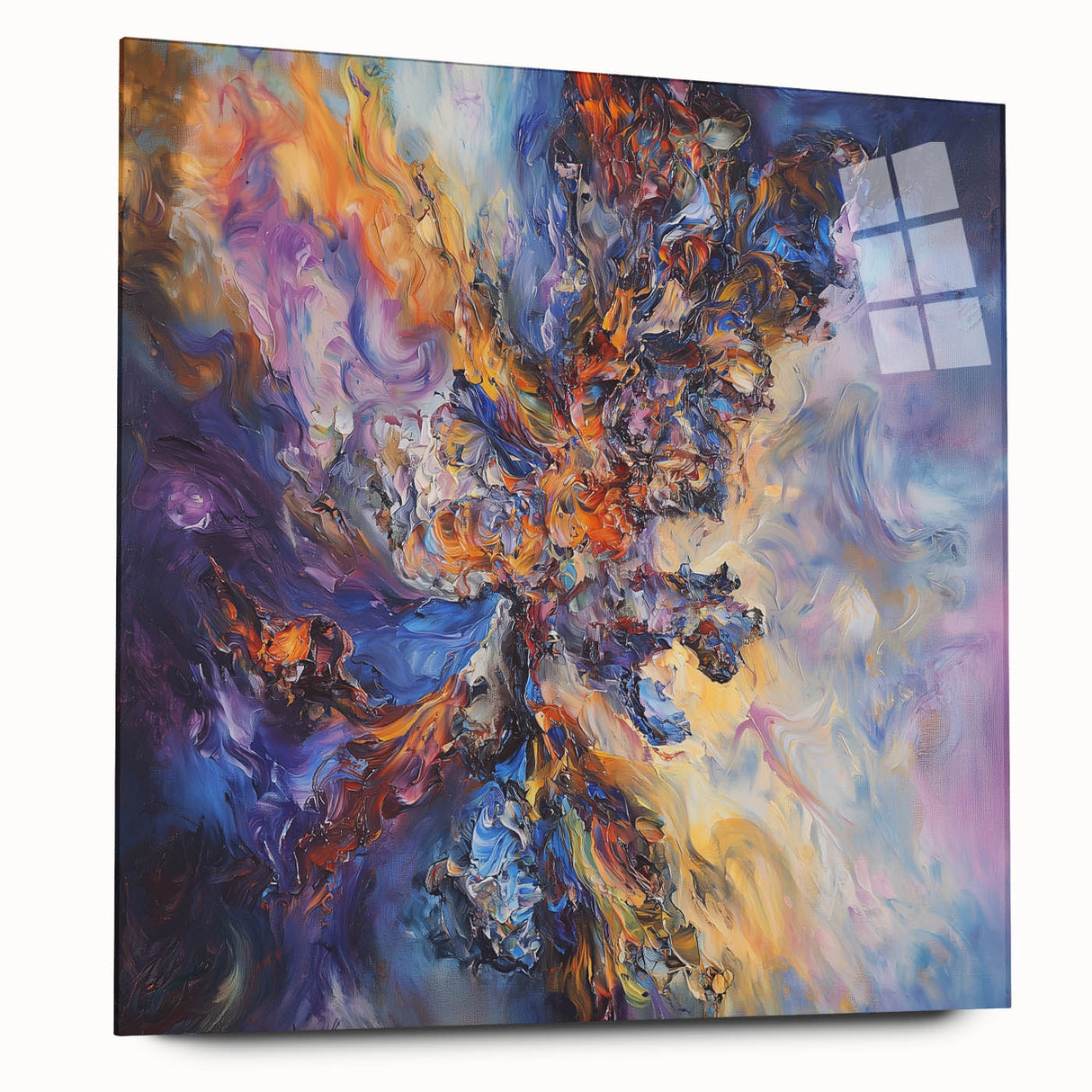 Abstract acrylic glass art piece showcasing vibrant splatters of color in a side view, ideal for modern home décor, enhancing any space with its dynamic design.