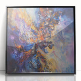 Framed acrylic art piece featuring a vibrant abstract design with colorful splatters on a black background, ideal for modern home decor and artistic expression.
