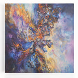 Abstract canvas artwork featuring vibrant splatters of blue, yellow, and red on a textured surface, ideal for modern home decor. Perfect for adding a colorful touch to any room.