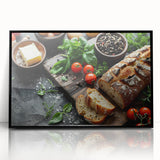 Large abstract wall art featuring assorted food dishes in mid-century modernist style, bold colors on black acrylic, framed.