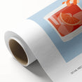 Art deco poster of assorted fruits and beverages in vibrant colors on rolled canvas, ideal for dining room wall art.