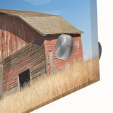 Close-up of a vibrant landscape barn acrylic glass artwork showcasing rich colors and intricate details, perfect for modern home decor or gallery displays.