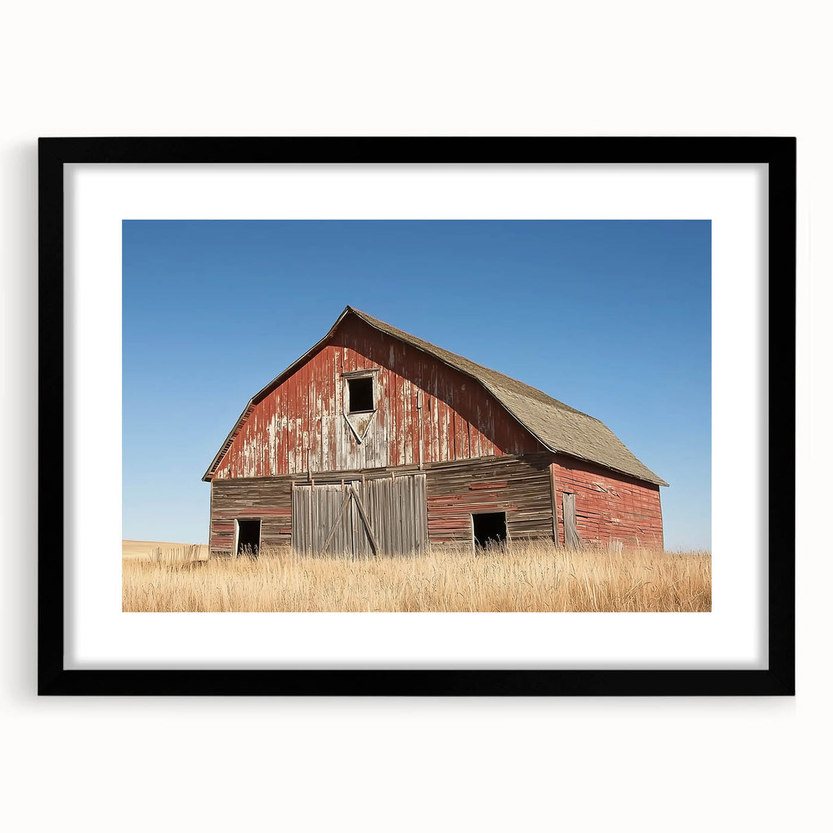 Barn frame with a sleek matte black finish, showcasing a landscape design, perfect for modern home decor. The frame emphasizes the artwork's vibrant colors and intricate details, making it an ideal choice for enhancing any living space or gallery wall.