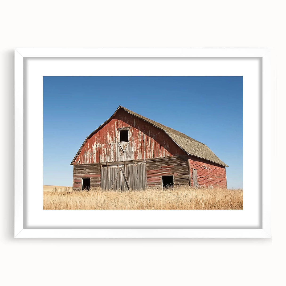 Barn frame design showcasing a landscape artwork with a white mat, emphasizing its elegant front view and perfect for home decor or gallery display.