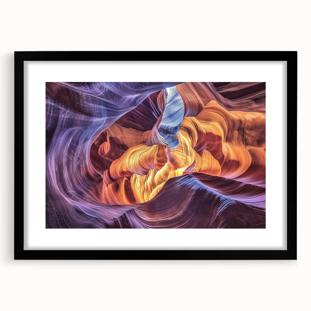 Black-framed landscape print featuring a stunning canyon scene with vibrant colors, ideal for home decor and gallery walls, showcasing natural beauty and depth.