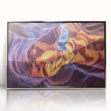 Framed acrylic artwork showcasing a stunning landscape of canyons in vibrant colors, set in a sleek silver frame. Perfect for nature lovers or modern decor enthusiasts.
