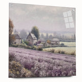 Landscape wall art showcasing a serene countryside scene printed on acrylic glass, viewed from the side with visible mounting pins, enhancing modern decor.