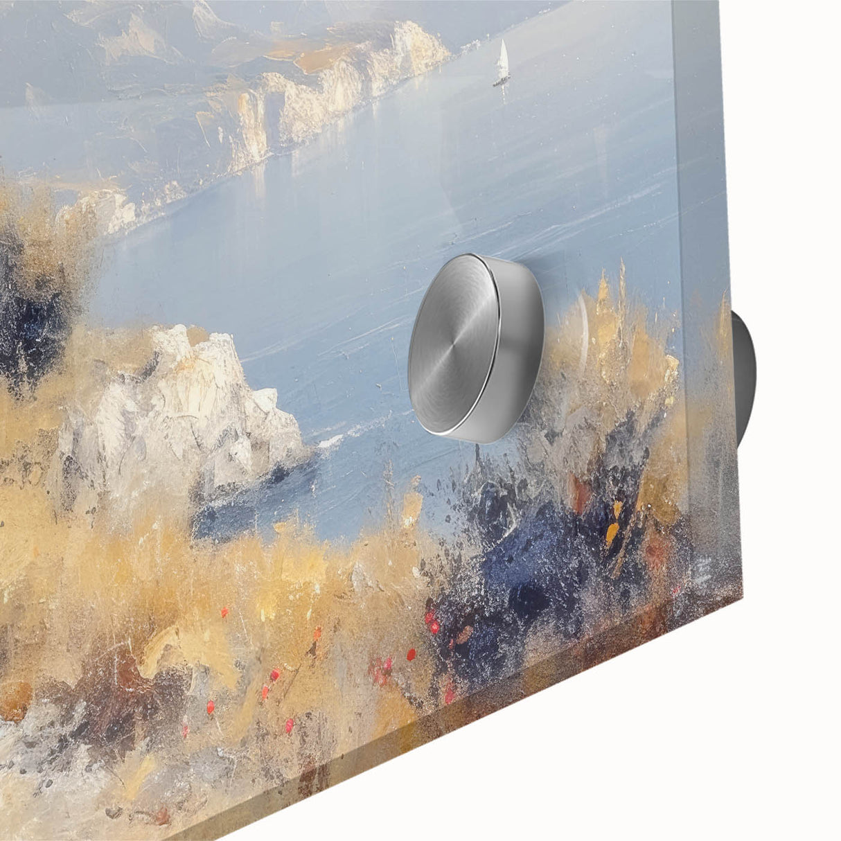 Close-up of an acrylic glass landscape artwork showcasing a vibrant countryside scene, highlighting lush green fields, rolling hills, and a bright blue sky. Perfect for home decor enthusiasts seeking nature-inspired art.