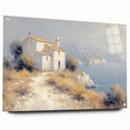 Acrylic glass landscape art piece showcasing a serene countryside view, displayed from the side with decorative pins, ideal for enhancing home decor.