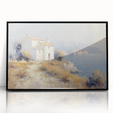 Framed acrylic landscape artwork depicting a serene countryside scene with vibrant greens and blues, showcased in a sleek black frame for elegant home decor.