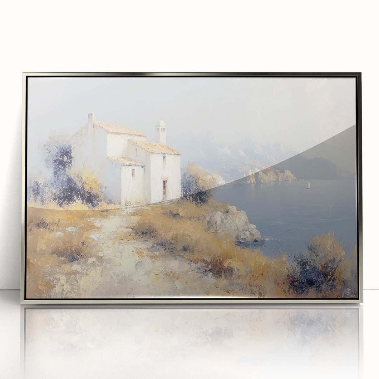 Framed acrylic artwork depicting serene countryside landscapes with vibrant green fields and blue skies, enhancing home decor with a modern touch.