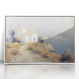 Framed acrylic artwork depicting a serene countryside landscape with vibrant greens and blues, set in a sleek white frame, perfect for home decor.