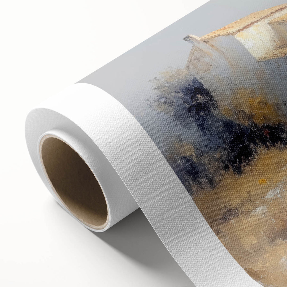 Rolled canvas artwork depicting a vibrant countryside landscape, showcasing lush green fields under a clear blue sky, elegantly packaged in a protective tube for easy shipping and display.