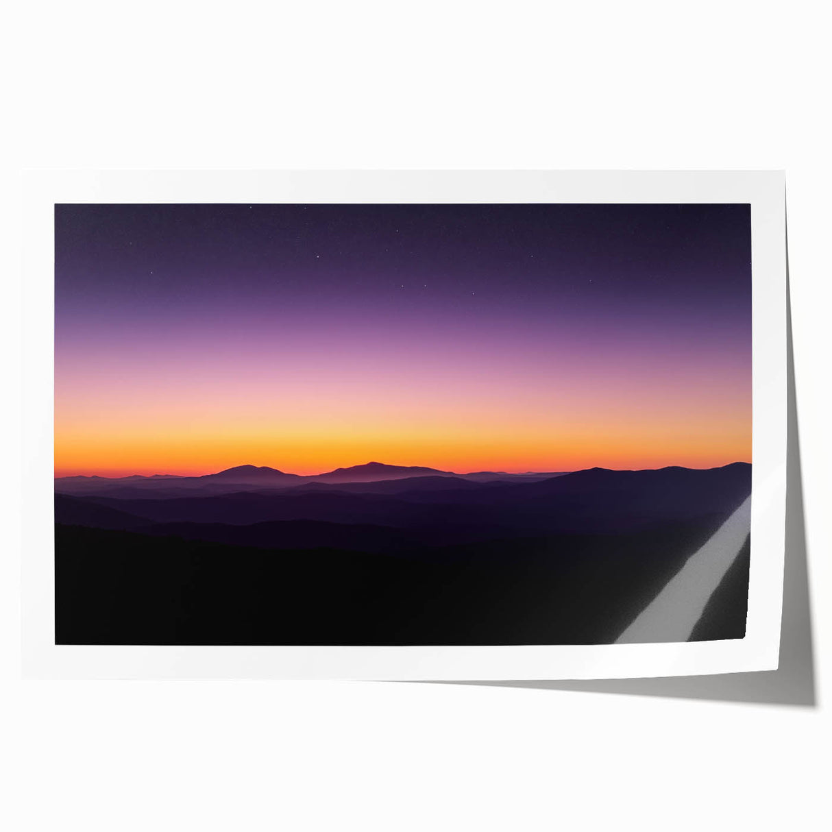 Desert landscape rolled print showcasing vibrant hues of orange and yellow, featuring sandy dunes under a clear blue sky, elegantly packaged in a protective tube.