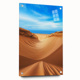 Acrylic glass artwork showcasing a stunning desert landscape with rolling dunes, displayed from a side view and secured with decorative pins. The vibrant colors and intricate details highlight the serene beauty of nature, perfect for modern decor.