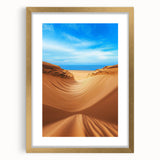 Framed art piece showcasing a serene desert landscape with golden dunes, elegantly matted and bordered, perfect for enhancing home decor and creating a tranquil ambiance.