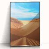 Framed acrylic artwork of serene sand dunes in a minimalist silver frame, showcasing soft beige and golden tones, ideal for modern home decor and beach-themed interiors.