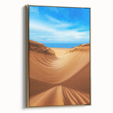 Framed canvas artwork depicting serene sand dunes in soft gold tones, enhancing the ambiance of any room. Perfect for modern home decor enthusiasts seeking elegance.