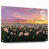 Acrylic glass artwork depicting vibrant landscapes of fields in a side view, showcasing intricate details and colors, held in place with elegant pins.