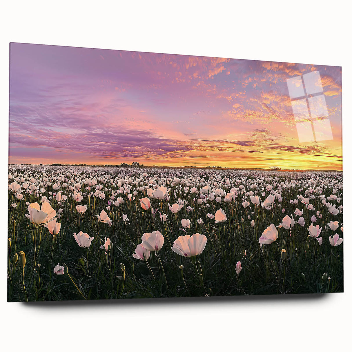Acrylic glass art print showcasing a vibrant landscape with rolling fields, viewed from the side, ideal for home decor and modern art enthusiasts.