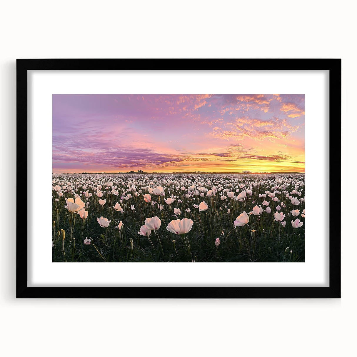 Black-framed landscape artwork featuring vibrant green fields and a serene sky, complete with a white mat for an elegant presentation, perfect for home decor.