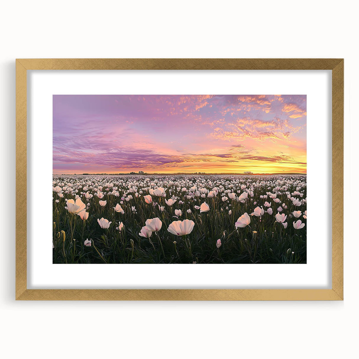 Elegant gold-framed landscape artwork featuring vibrant green fields and a serene sky, designed with a mat for a polished presentation, ideal for home decor.