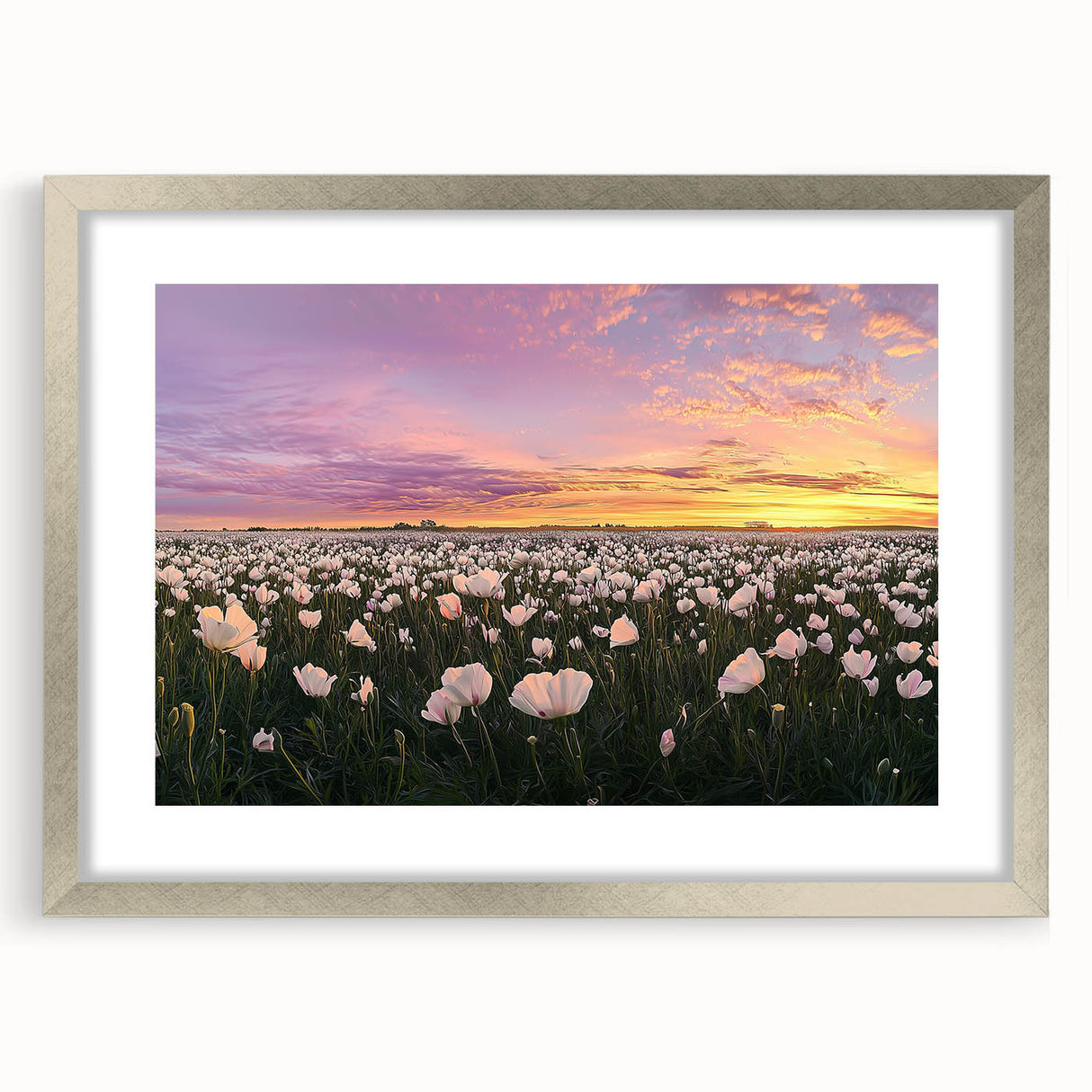 Silver-framed landscape artwork featuring vibrant fields and a textured mat, ideal for home decoration or office spaces, showcasing natural beauty and elegance.