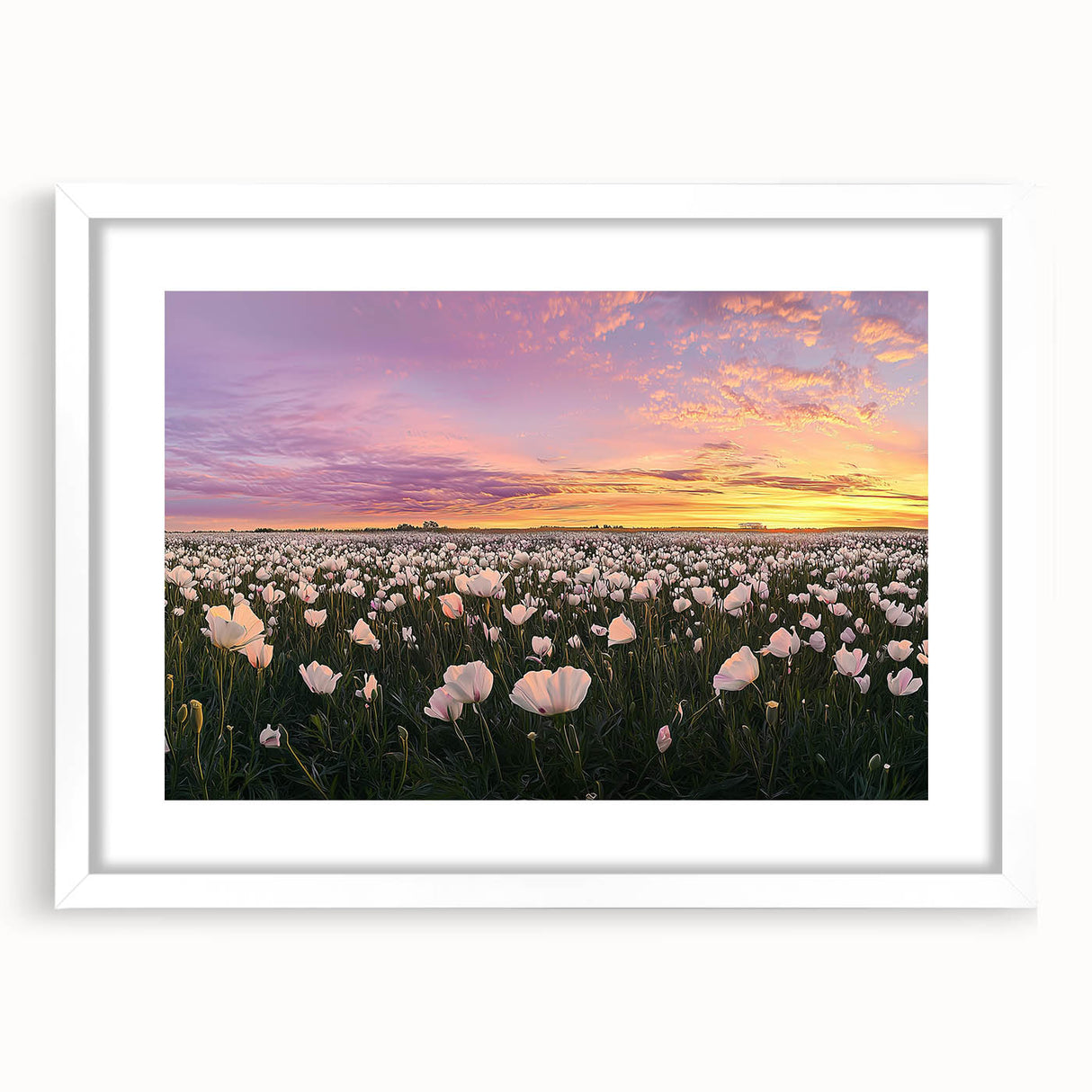 Elegant white-framed landscape artwork featuring serene fields and rolling hills, complemented by a white mat, perfect for enhancing home decor aesthetics.