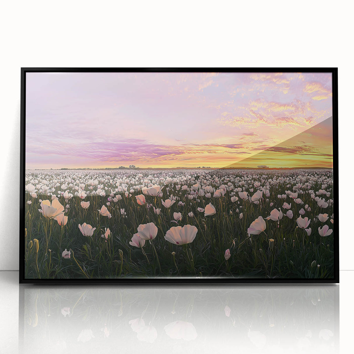Framed acrylic artwork depicting a serene landscape with lush green fields and a clear blue sky, presented in a modern black frame for a stylish decor accent.