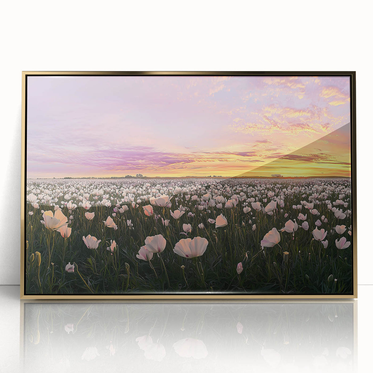 Framed acrylic wall art depicting vibrant green fields under a bright blue sky, accented with a luxurious gold frame, ideal for enhancing modern home decor.