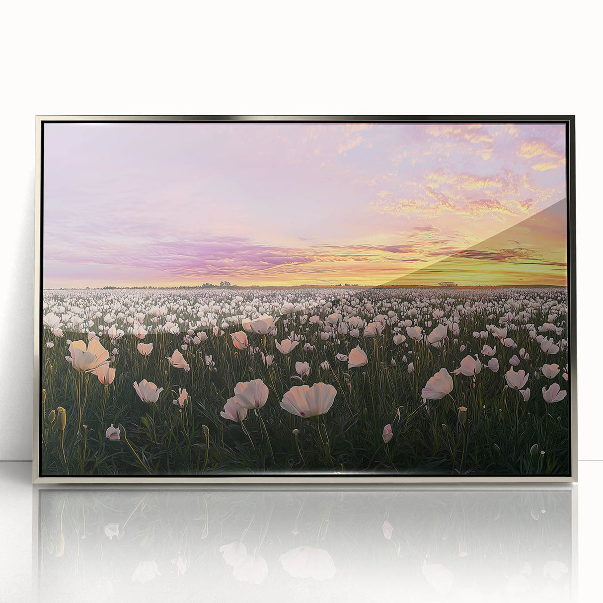 Framed acrylic artwork depicting a serene landscape scene with lush green fields and a vibrant blue sky, elegantly displayed in a silver frame, ideal for home décor.
