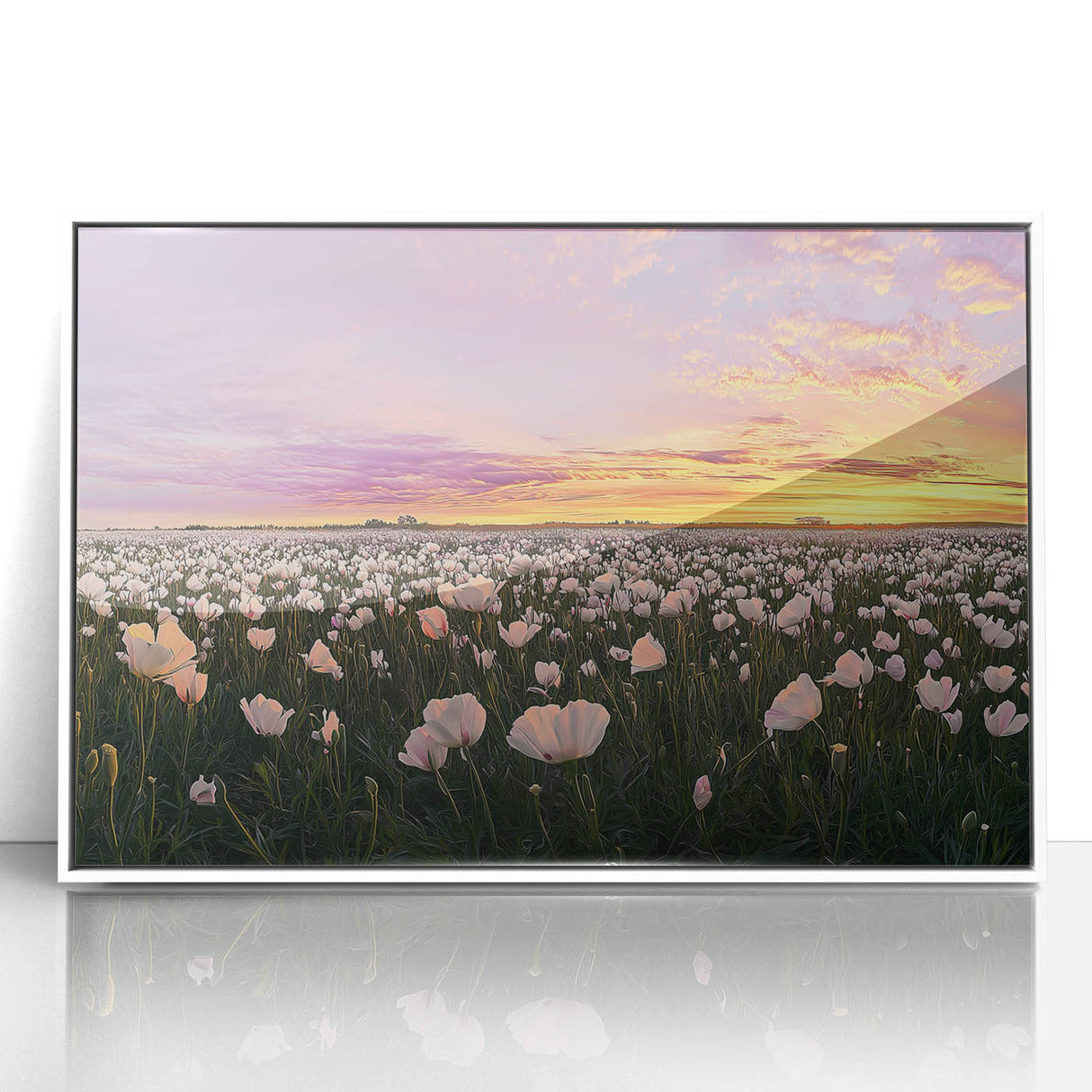 Framed acrylic artwork depicting serene landscapes and fields, showcasing vibrant colors and intricate details, set in a sleek white frame, ideal for home decor.