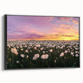 Framed canvas artwork showcasing a vibrant landscape scene with fields in rich greens and yellows, set against a black frame, ideal for home decor enhancement.