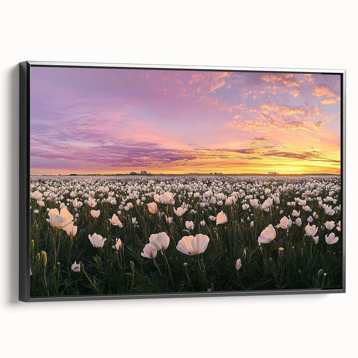 Framed canvas artwork showcasing a vibrant landscape scene with fields in rich greens and yellows, set against a black frame, ideal for home decor enhancement.