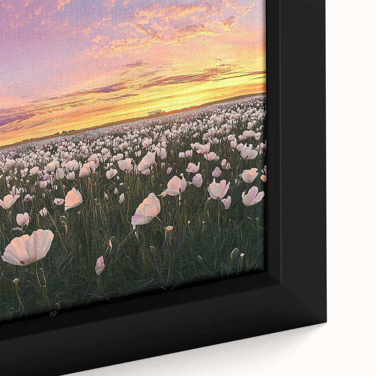 Framed canvas art depicting a vibrant landscape scene with lush green fields and a clear blue sky, showcasing intricate details and vivid colors, ideal for home décor.