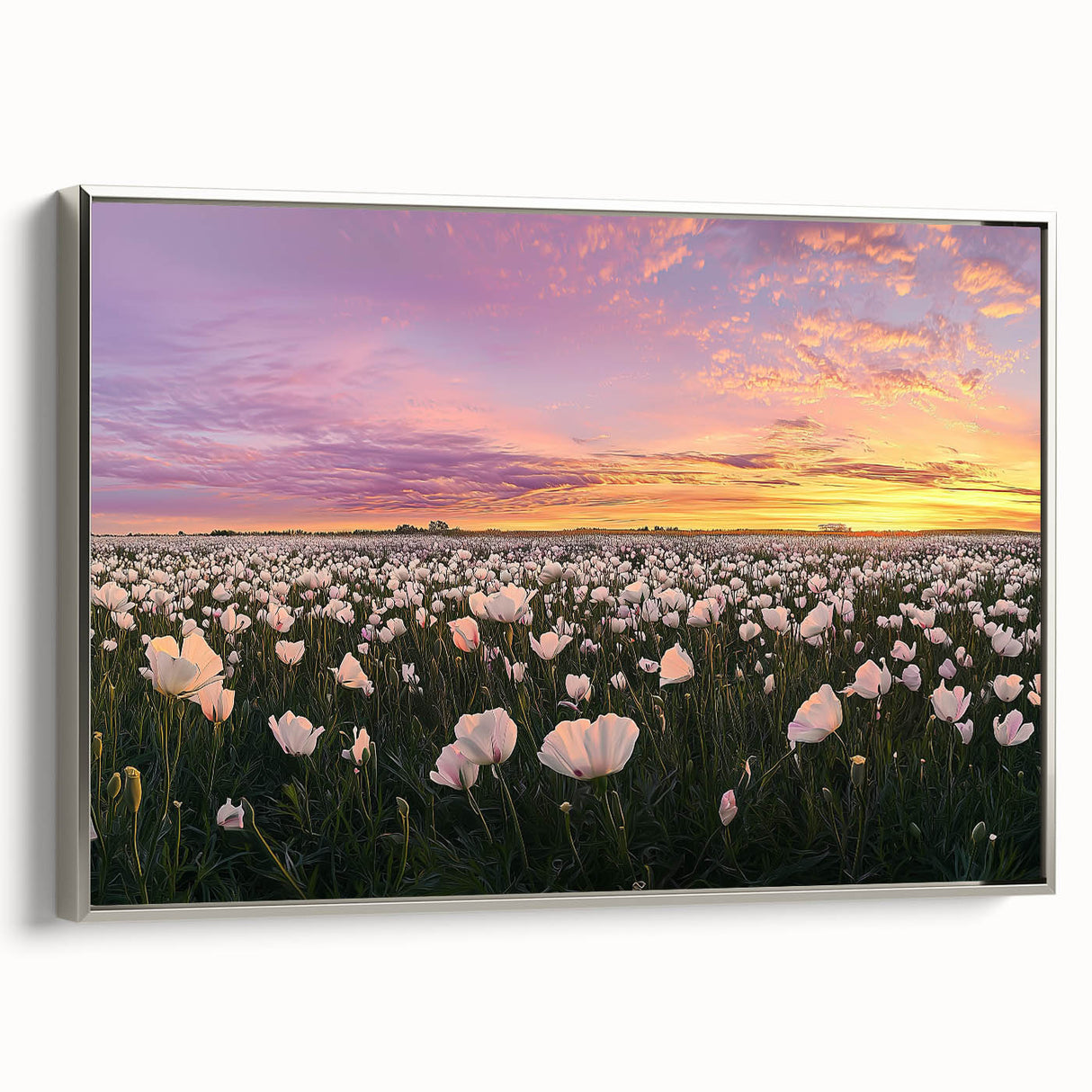 Framed canvas artwork depicting serene landscape fields with a silver border, showcasing vibrant colors and intricate details, perfect for home decor enhancement.