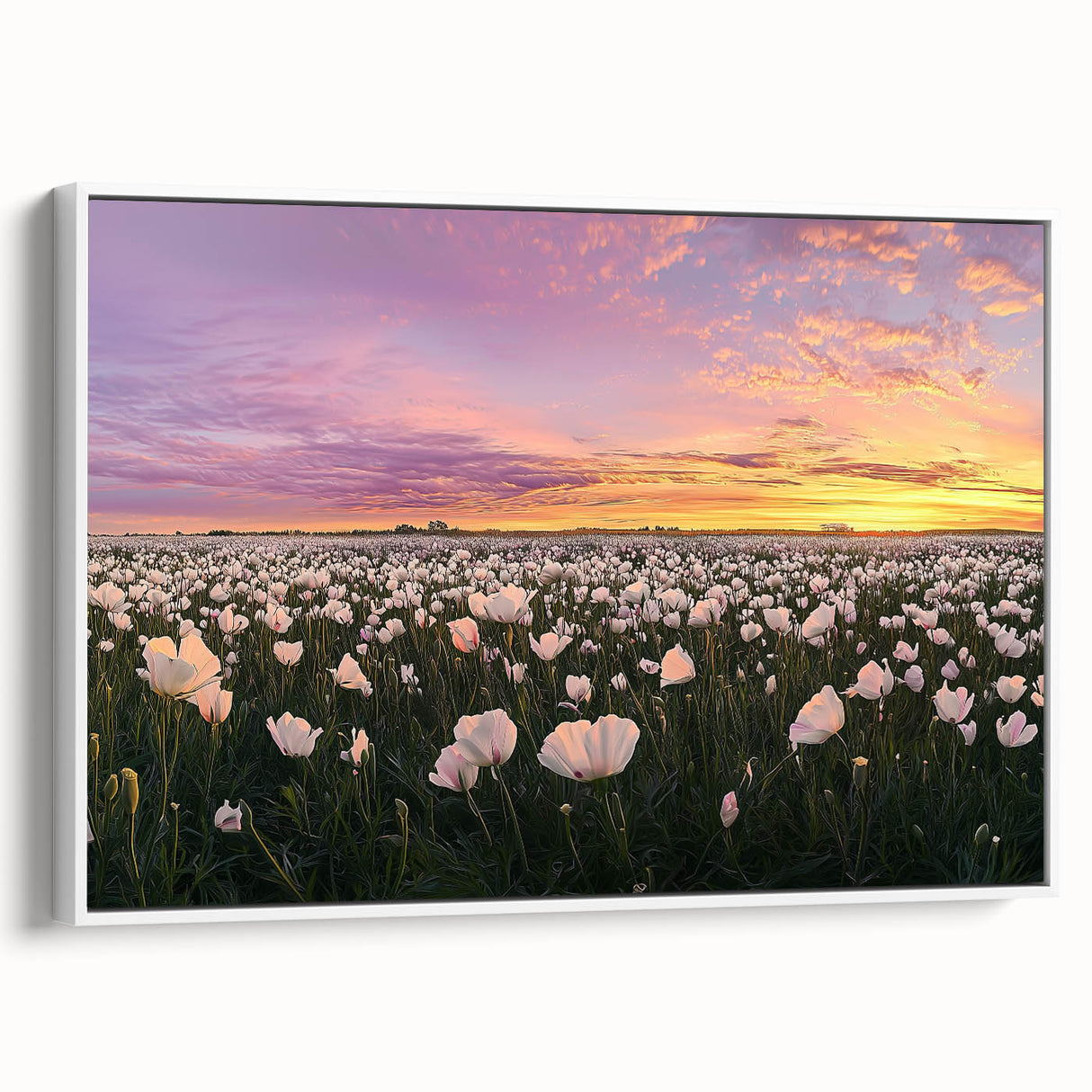 Framed canvas artwork displaying a serene landscape of golden fields under a blue sky, showcasing a white frame and side view for an elegant home decor accent.