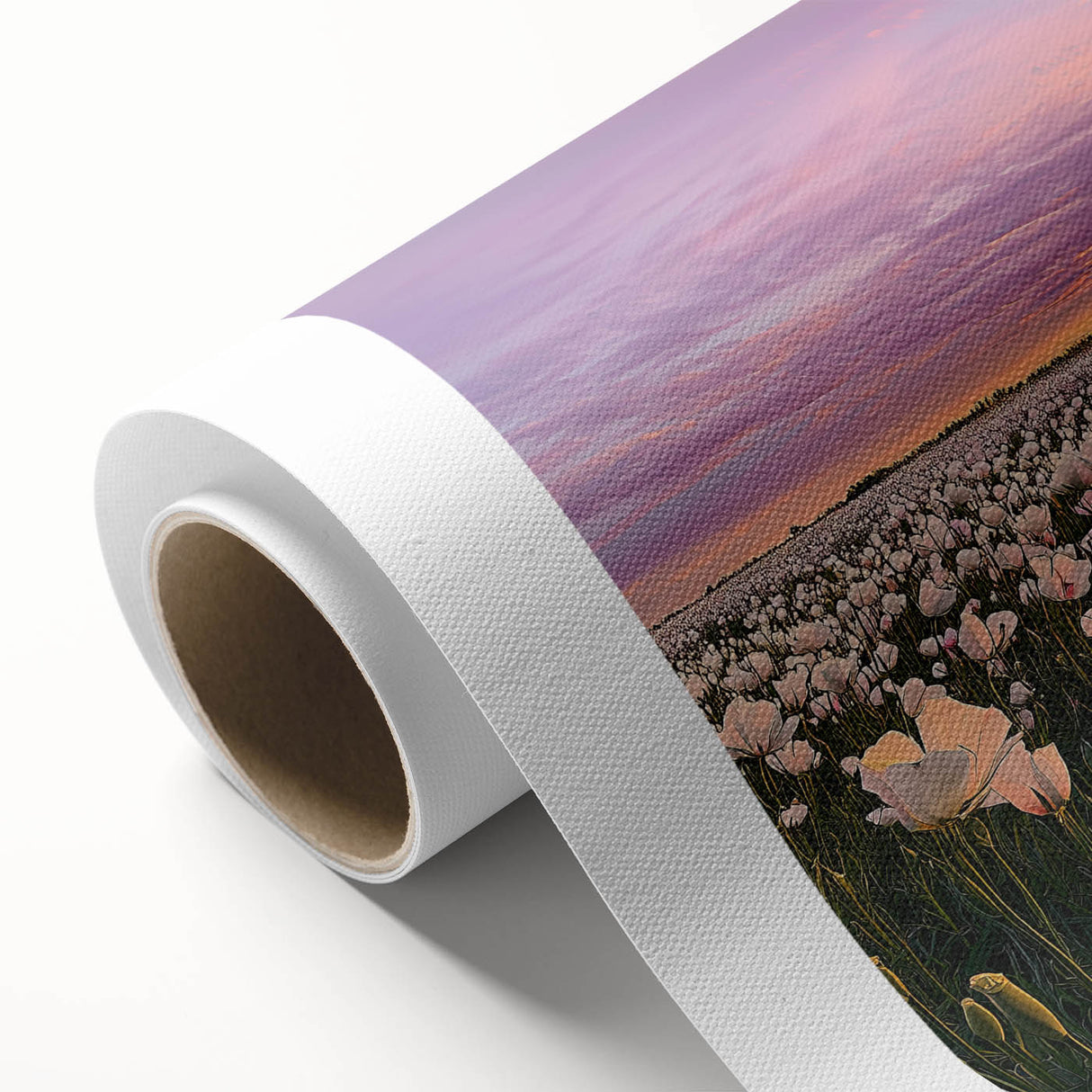 Vibrant rolled canvas showcasing a beautiful landscape scene with rolling fields in warm hues, carefully wrapped in a durable cardboard tube for safe transport.