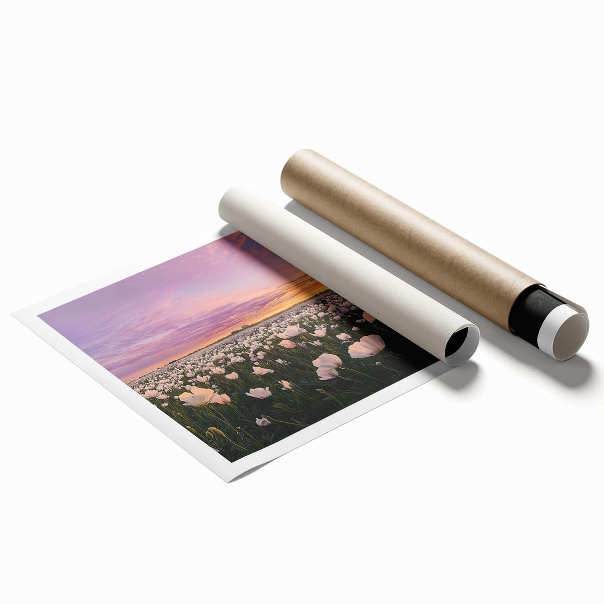 Vibrant landscape print showcasing rolling fields under a bright blue sky, expertly rolled and packaged in a protective cardboard tube for easy display.