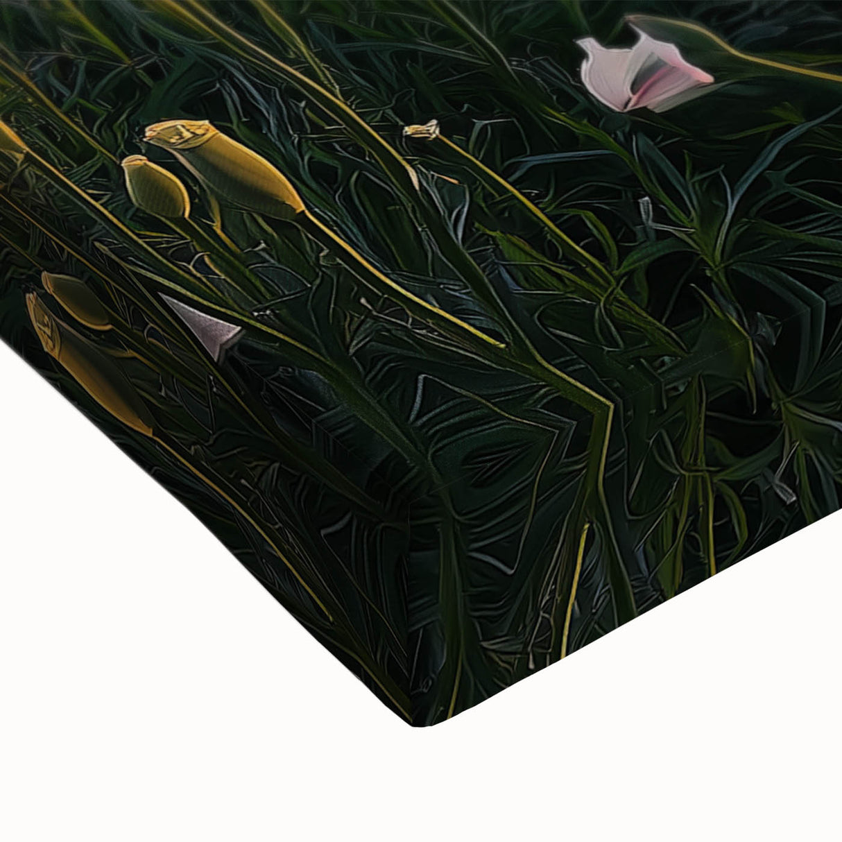 Close-up of a vibrant stretched canvas showcasing a serene landscape scene with lush green fields and a bright blue sky, ideal for home decor.
