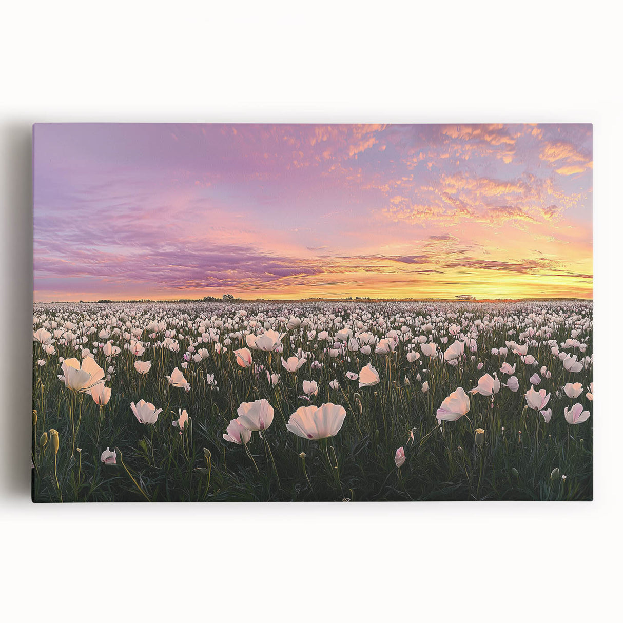 Stretched canvas showcasing a serene landscape with vibrant green fields and a clear blue sky, perfect for home decor or office settings, enhancing tranquil atmospheres.